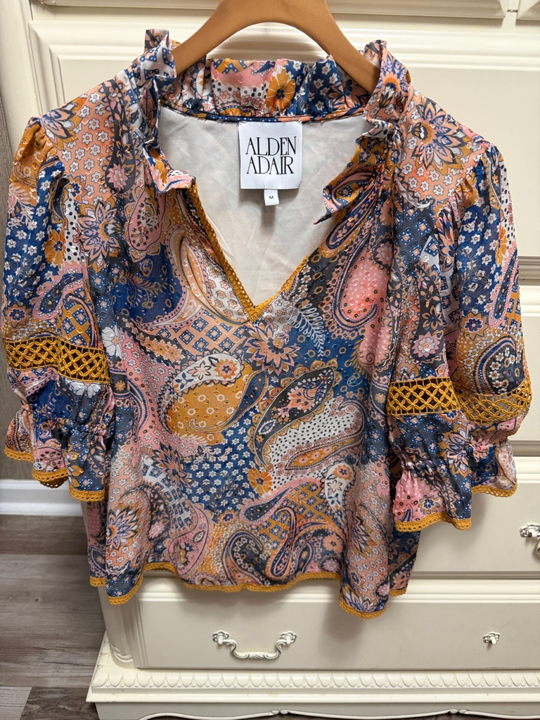 Alden Adair Women's Lottie Blouse In Paisley Patch Pink, Blue, Mustard Sz Medium